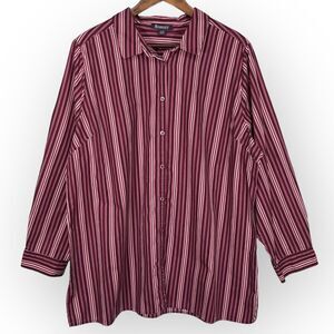 Roaman's Button Up Top Women Size 24W Pink Striped‎ 100% Cotton Long Sleeve